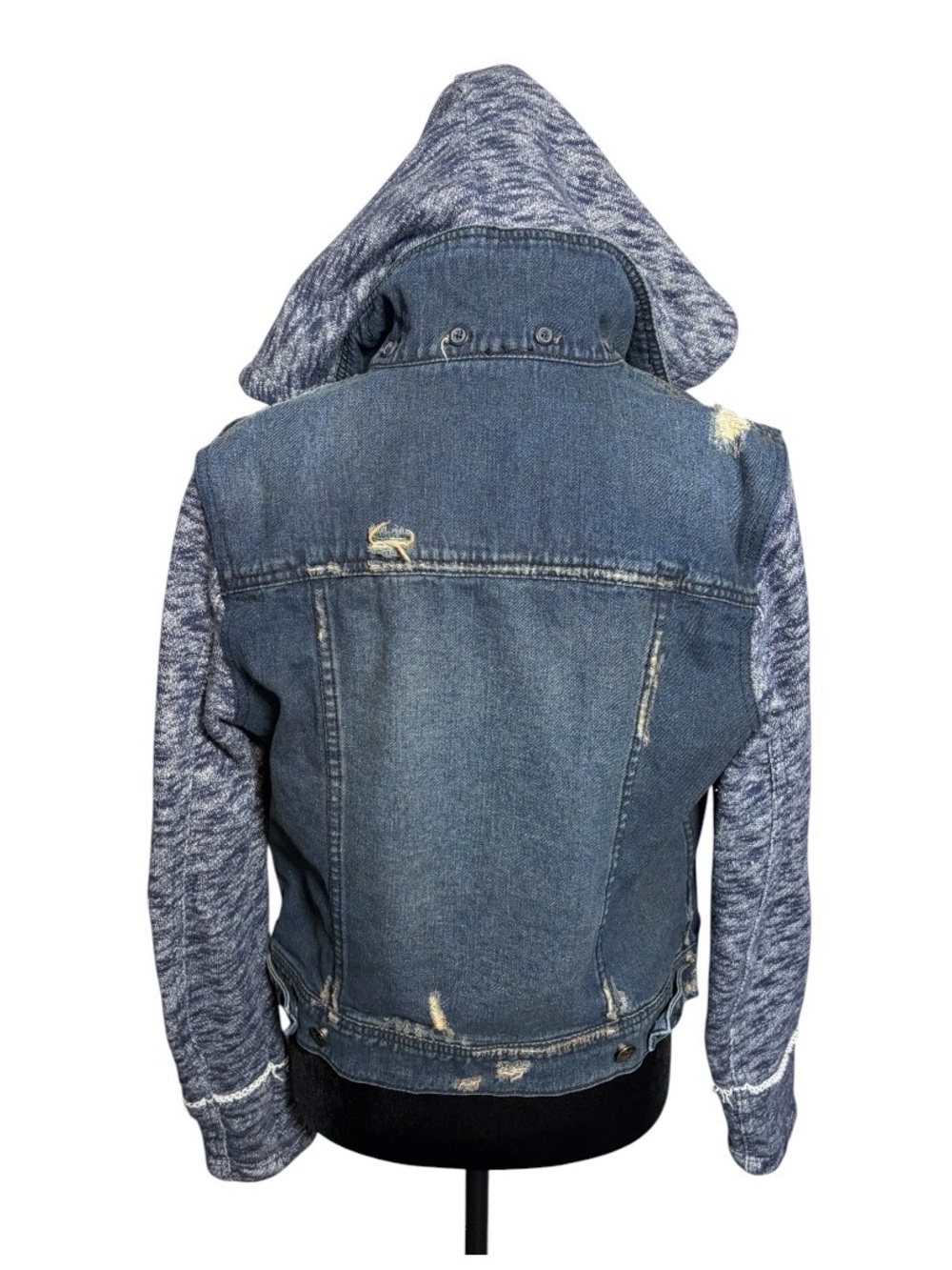 Free People Distressed Denim Jean Jacket W/ Knit Sleeves & Hood - Picture 2 of 13